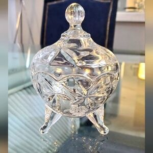 Vintage Jasmine Glass Tri Footed Candy Dish With Lid Trinket Jar 2 Piece